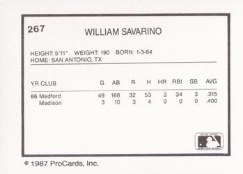 1987 ProCards #267 Bill Savarino Back