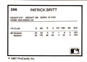 1987 ProCards #286 Patrick Britt Back