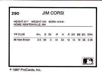 1987 ProCards #290 Jim Corsi Back