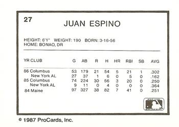 1987 ProCards #27 Juan Espino Back