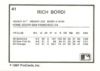 1987 ProCards #41 Rich Bordi Back