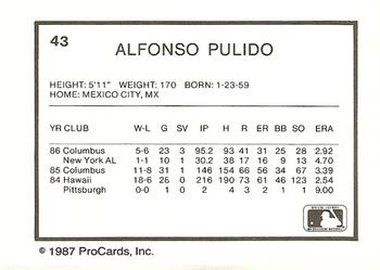 1987 ProCards #43 Al Pulido Back
