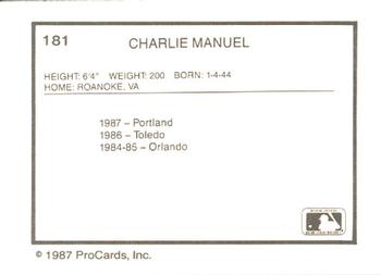 1987 ProCards #181 Charlie Manuel Back
