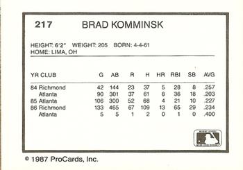 1987 ProCards #217 Brad Komminsk Back