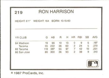 1987 ProCards #219 Ron Harrison Back