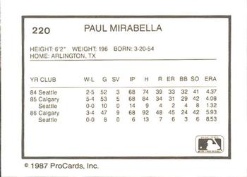 1987 ProCards #220 Paul Mirabella Back