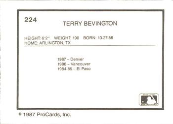 1987 ProCards #224 Terry Bevington Back
