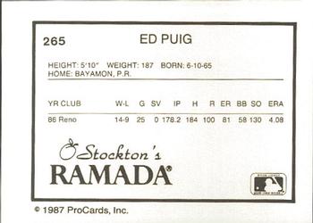 1987 ProCards #265 Ed Puig Back