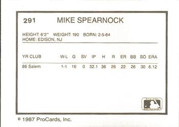 1987 ProCards #291 Mike Spearnock Back