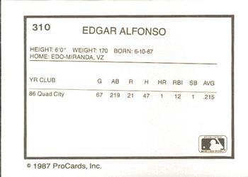 1987 ProCards #310 Edgar Alfonzo Back