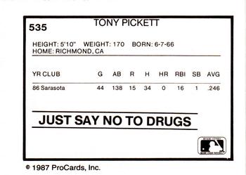 1987 ProCards #535 Tony Pickett Back