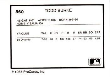 1987 ProCards #560 Todd Budke Back