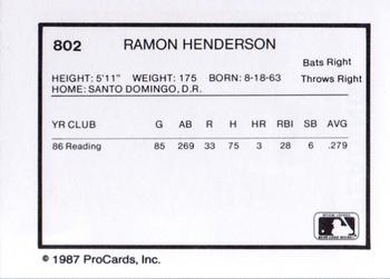 1987 ProCards #802 Ramon Henderson Back