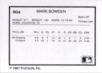 1987 ProCards #804 Mark Bowden Back