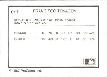 1987 ProCards #817 Francisco Tenacen Back