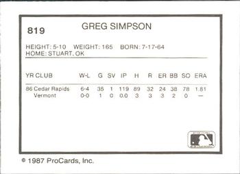 1987 ProCards #819 Greg Simpson Back