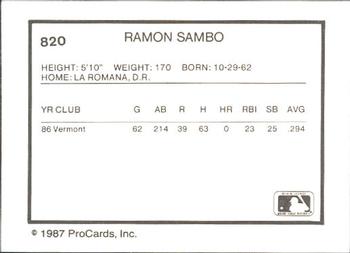 1987 ProCards #820 Ramon Sambo Back