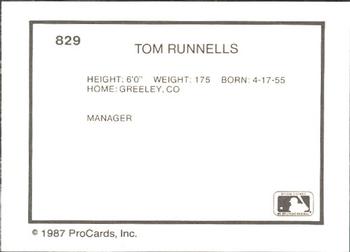 1987 ProCards #829 Tom Runnells Back