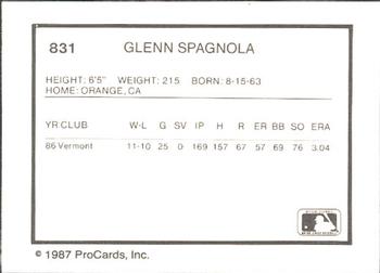 1987 ProCards #831 Glenn Spagnola Back