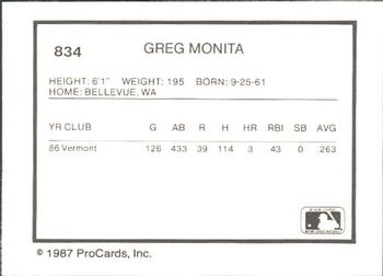 1987 ProCards #834 Greg Monda Back