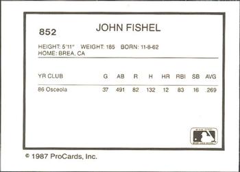 1987 ProCards #852 John Fishel Back