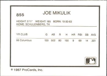 1987 ProCards #855 Joe Mikulik Back