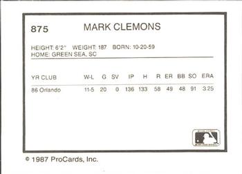 1987 ProCards #875 Mark Clemons Back