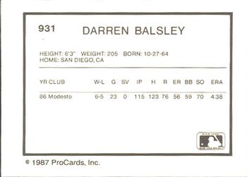 1987 ProCards #931 Darren Balsley Back