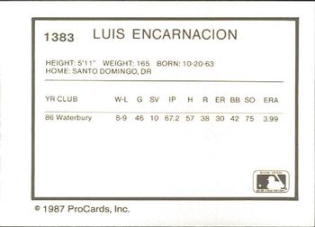 1987 ProCards #1383 Luis Encarnacion Back