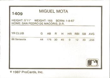 1987 ProCards #1409 Miguel Mota Back