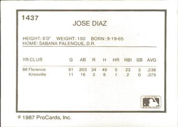 1987 ProCards #1437 Jose Diaz Back