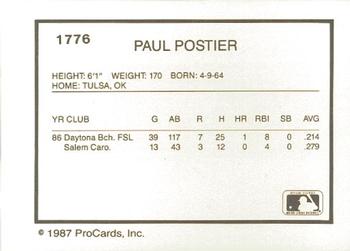 1987 ProCards #1776 Paul Postier Back