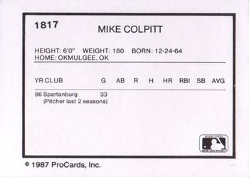 1987 ProCards #1817 Mike Colpitt Back
