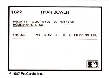 1987 ProCards #1822 Ryan Bowen Back
