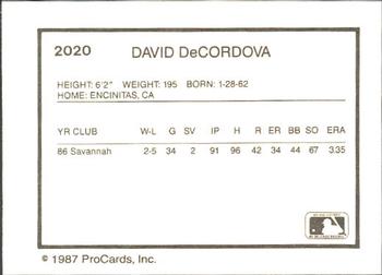 1987 ProCards #2020 David DeCordova Back