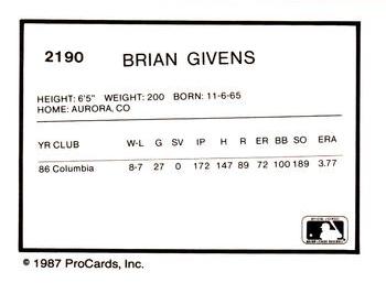 1987 ProCards #2190 Brian Givens Back