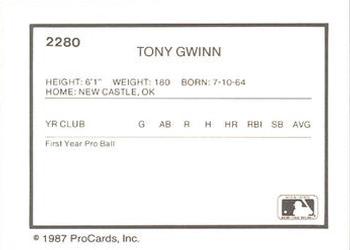 1987 ProCards #2280 Tony Gwinn Back