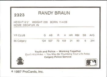 1987 ProCards #2323 Randy Braun Back