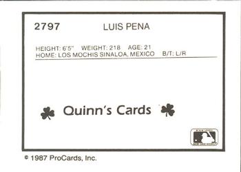 1987 ProCards #2797 Luis Pena Back