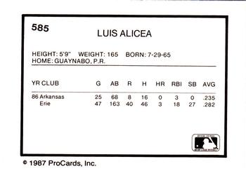 1987 ProCards #585 Luis Alicea Back