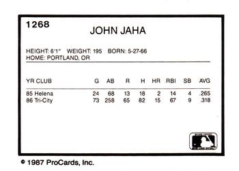 1987 ProCards #1268 John Jaha Back
