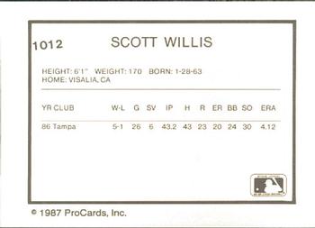 1987 ProCards #1012 Scott Willis Back