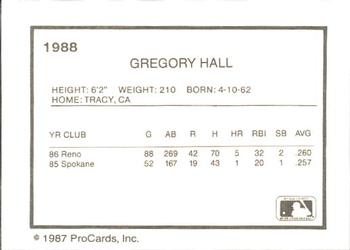 1987 ProCards #1988 Gregory Hall Back