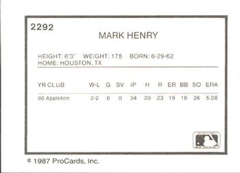 1987 ProCards #2292 Mark Henry Back