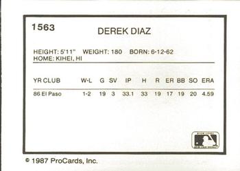 1987 ProCards #1563 Derek Diaz Back
