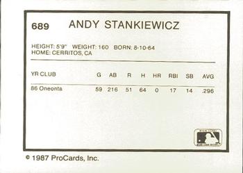 1987 ProCards #689 Andy Stankiewicz Back