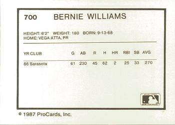 1987 ProCards #700 Bernie Williams Back