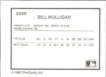 1987 ProCards #2220b Bill Mulligan Back