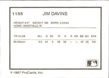1987 ProCards #1155 Jim Davins Back
