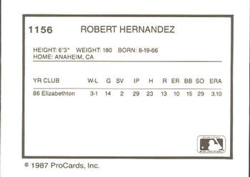 1987 ProCards #1156 Robert Hernandez Back